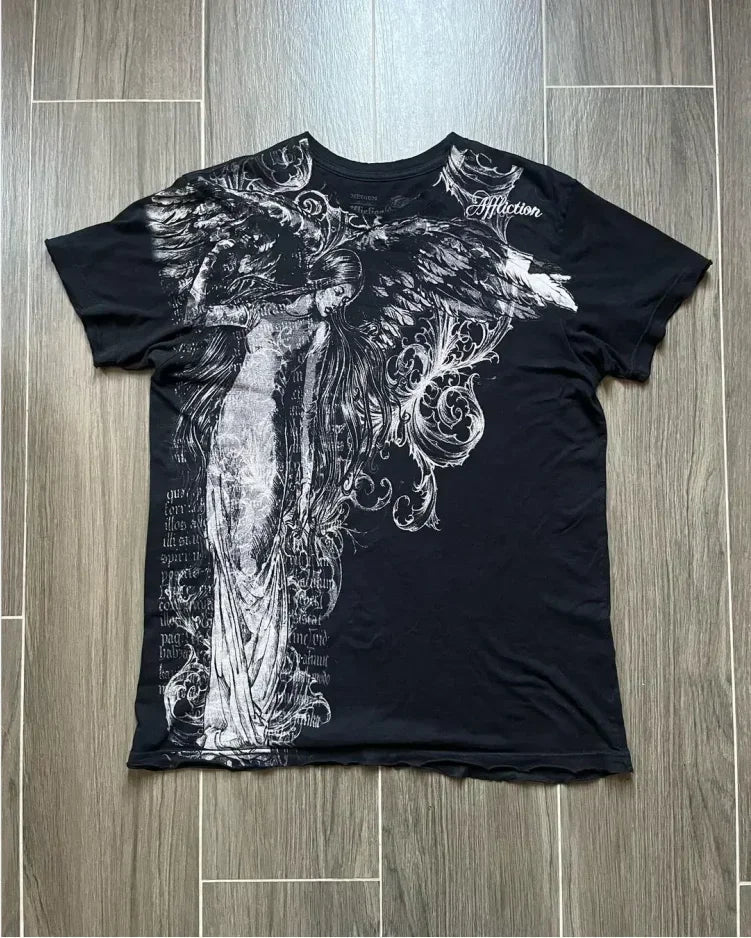 90s American Trendy Retro Fashion Print Round Neck Short-sleeved T-shirt Men Womens Y2K Street Style Gothic Couple Sports