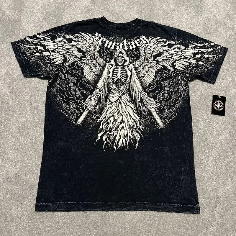 90s American Trendy Retro Fashion Print Round Neck Short-sleeved T-shirt Men Womens Y2K Street Style Gothic Couple Sports