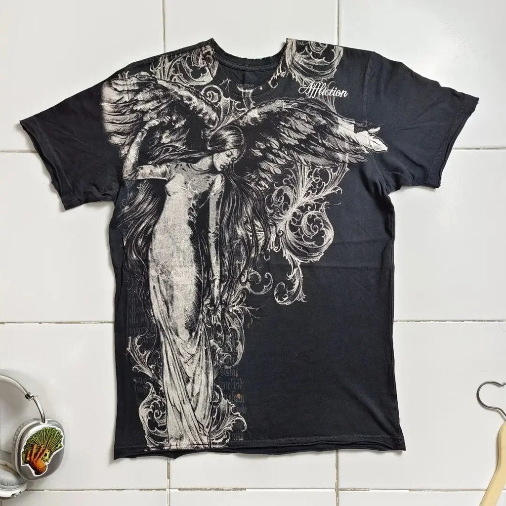 90s American Trendy Retro Fashion Print Round Neck Short-sleeved T-shirt Men Womens Y2K Street Style Gothic Couple Sports