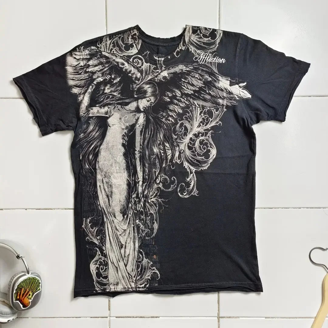 90s American Trendy Retro Fashion Print Round Neck Short-sleeved T-shirt Men Womens Y2K Street Style Gothic Couple Sports