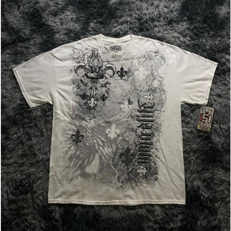 90s American Trendy Retro Fashion Print Round Neck Short-sleeved T-shirt Men Womens Y2K Street Style Gothic Couple Sports