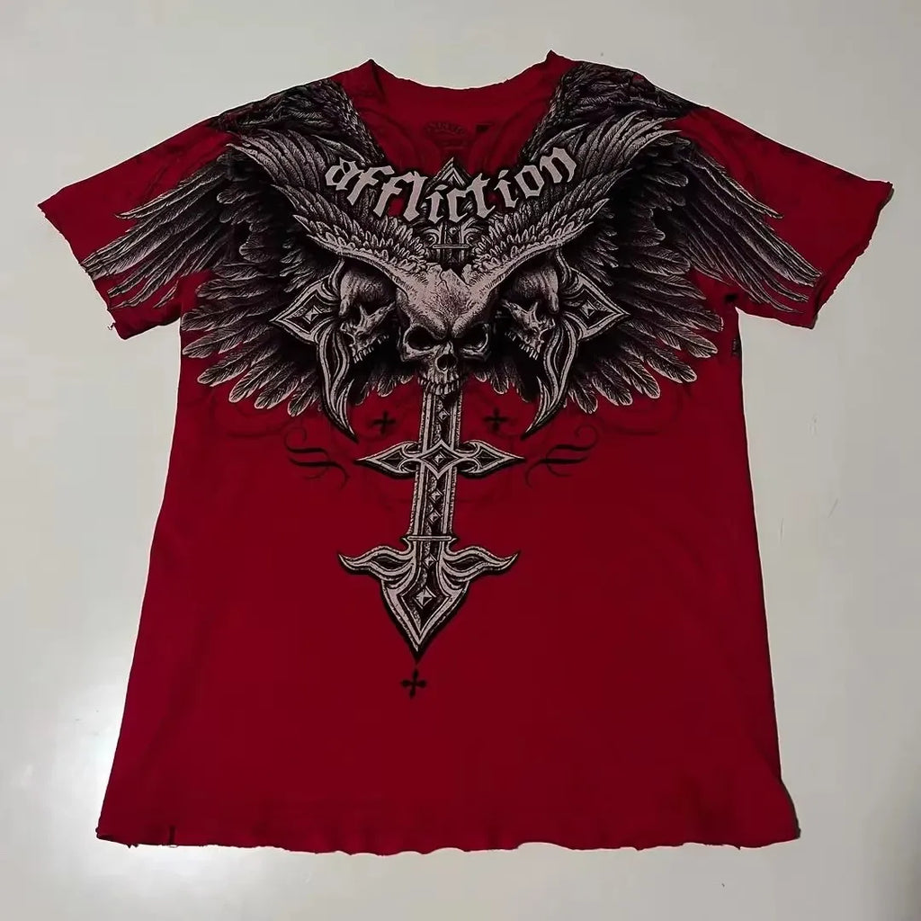 90s American Trendy Retro Fashion Print Round Neck Short-sleeved T-shirt Men Womens Y2K Street Style Gothic Couple Sports