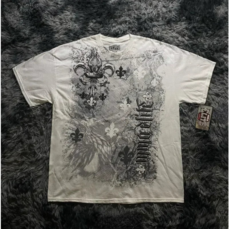 90s American Trendy Retro Fashion Print Round Neck Short-sleeved T-shirt Men Womens Y2K Street Style Gothic Couple Sports