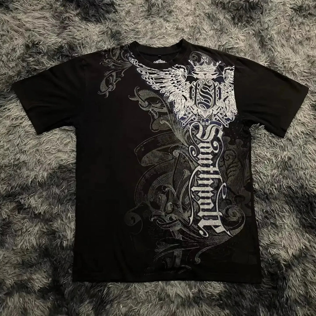 90s American Trendy Retro Fashion Print Round Neck Short-sleeved T-shirt Men Womens Y2K Street Style Gothic Couple Sports