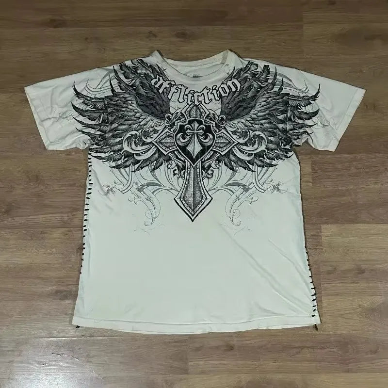 90s American Trendy Retro Fashion Print Round Neck Short-sleeved T-shirt Men Womens Y2K Street Style Gothic Couple Sports