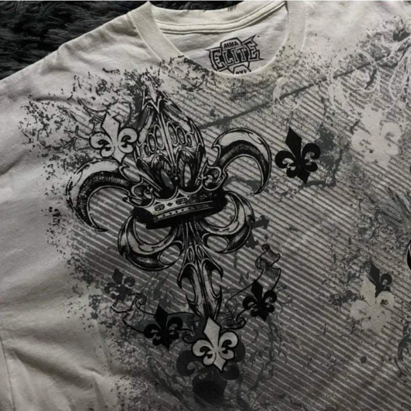90s American Trendy Retro Fashion Print Round Neck Short-sleeved T-shirt Men Womens Y2K Street Style Gothic Couple Sports