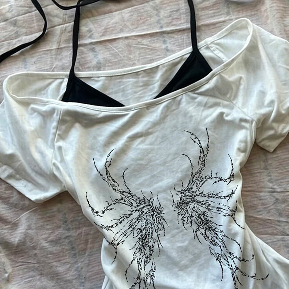 Gothic print fake two-piece top women's slim fit cut summer casual chic pattern T-shirt Y2K streetwear