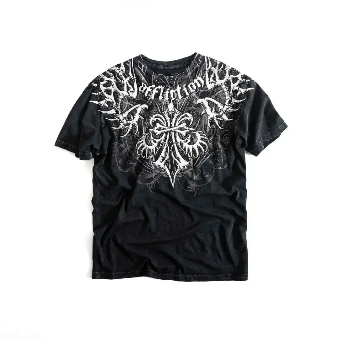 90s American Trendy Retro Fashion Print Round Neck Short-sleeved T-shirt Men Womens Y2K Street Style Gothic Couple Sports
