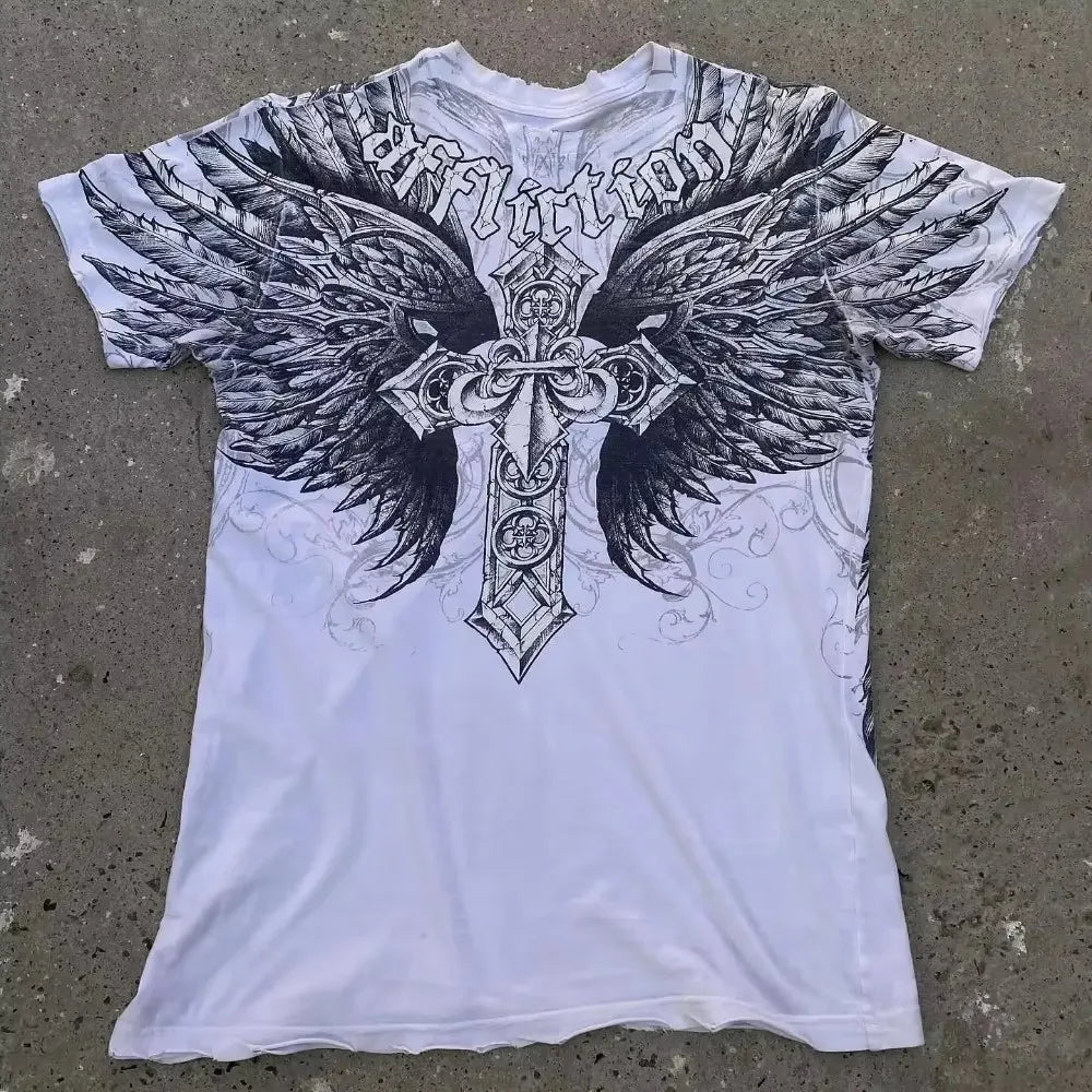 90s American Trendy Retro Fashion Print Round Neck Short-sleeved T-shirt Men Womens Y2K Street Style Gothic Couple Sports