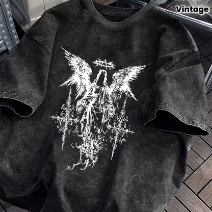 Men's Gothic Heavyweight Cotton T-Shirt - Drop Shoulder Oversized Streetwear Tee with Dark Angel Graphic