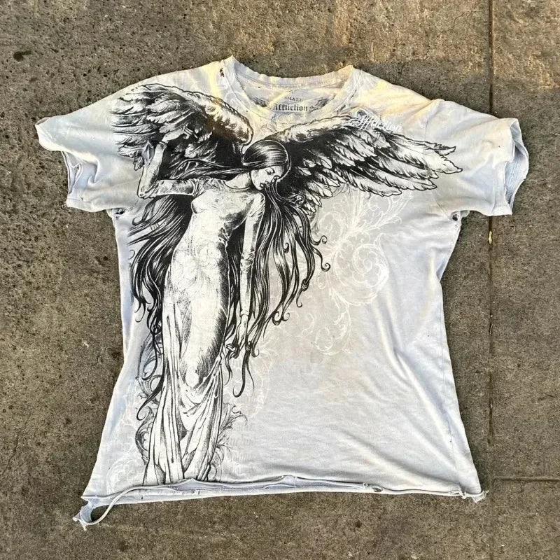 90s American Trendy Retro Fashion Print Round Neck Short-sleeved T-shirt Men Womens Y2K Street Style Gothic Couple Sports
