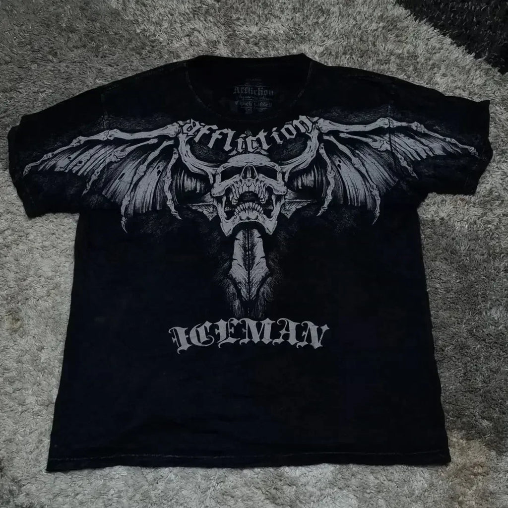 90s American Trendy Retro Fashion Print Round Neck Short-sleeved T-shirt Men Womens Y2K Street Style Gothic Couple Sports