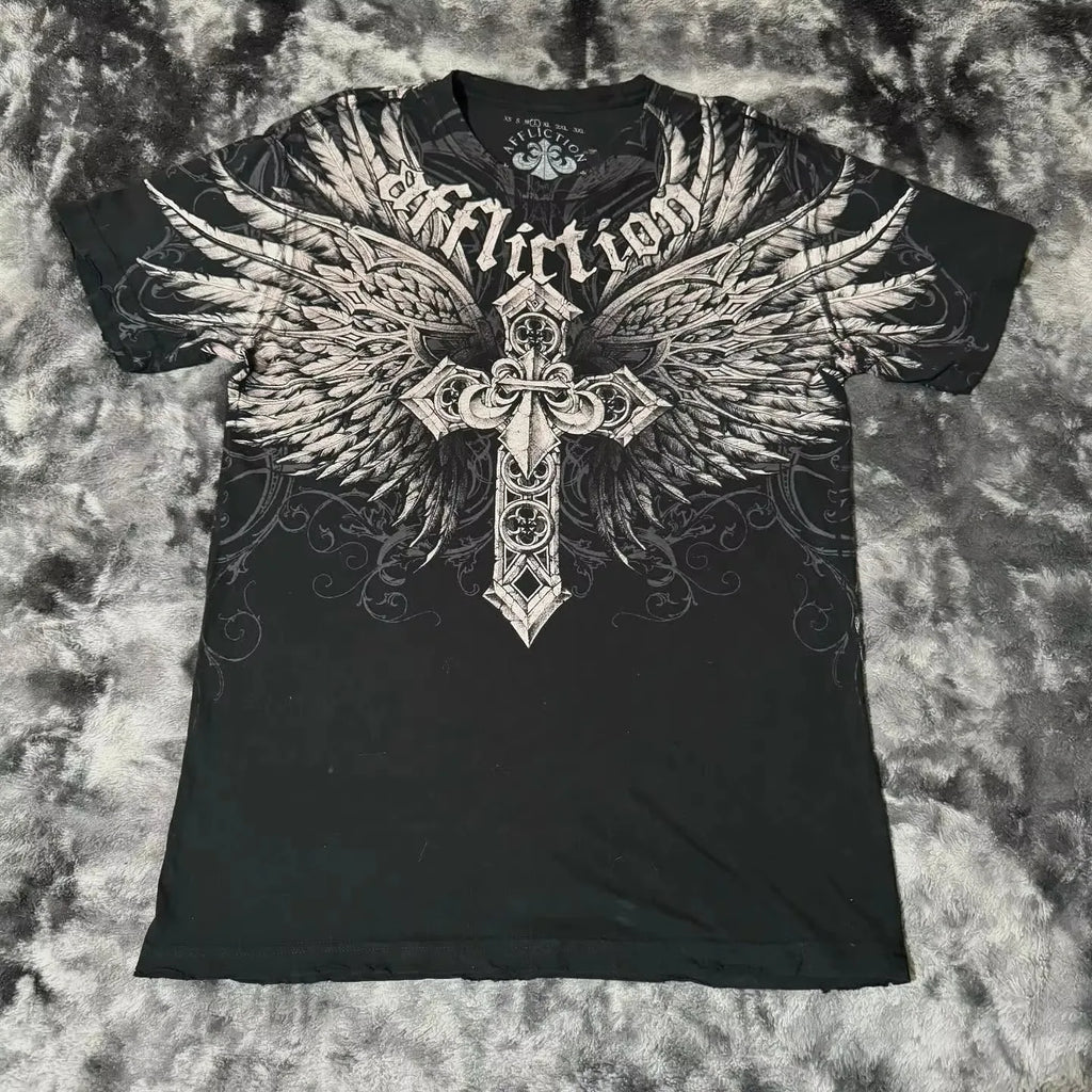 90s American Trendy Retro Fashion Print Round Neck Short-sleeved T-shirt Men Womens Y2K Street Style Gothic Couple Sports